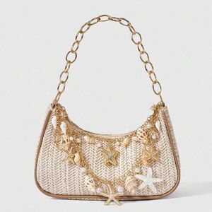 Veloura Starfish Shell Straw Shoulder Bag Gold Chain Beach Summer Purse